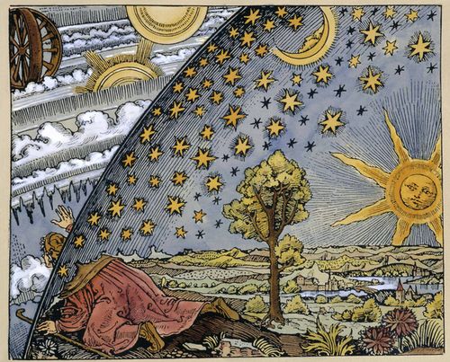 Scientist leaving the world, an engraving c.1520 representing changes in the medieval conception or interpretation of the heavens.